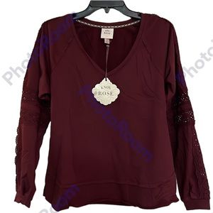 Knox Rose Berry Burgundy V Neck Long Sleeve Lace arms Top